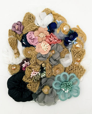 Handcrafted Jute Floral Applique in Pink, Black, Grey